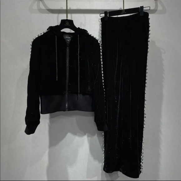 “AREA”copy:crystal trim wide leg track pant and crystal stud hoodie set - Picture 1 of 7